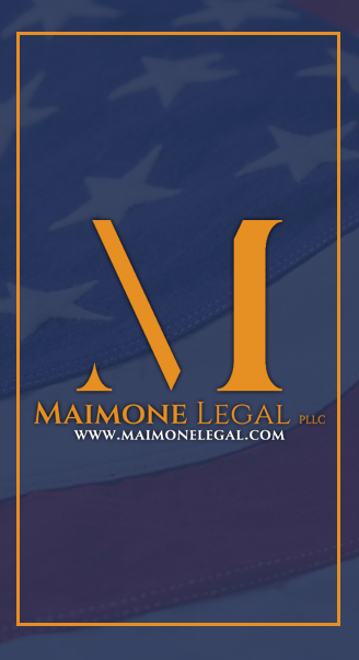 Vertical banner featuring the Maimone Legal logo positioned over an American flag background