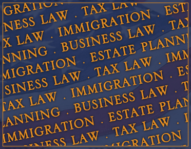 Word cloud featuring the terms Immigration, Estate Planning, and Business Law in varying sizes and styles