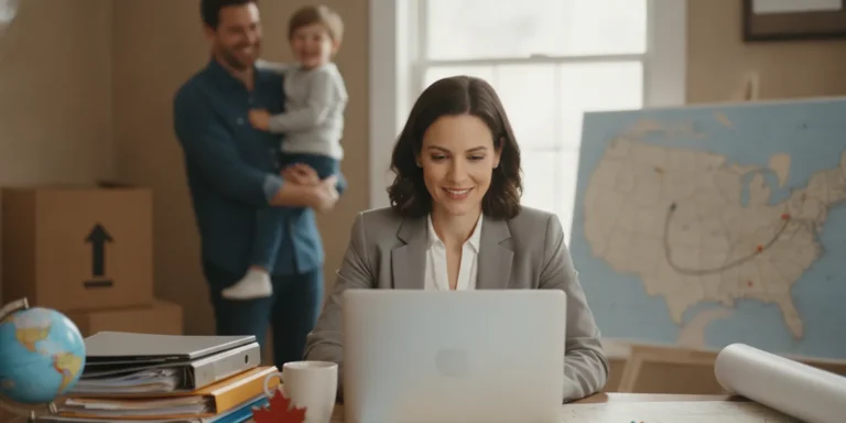 Canadian business owner reviewing company documents with family at a table