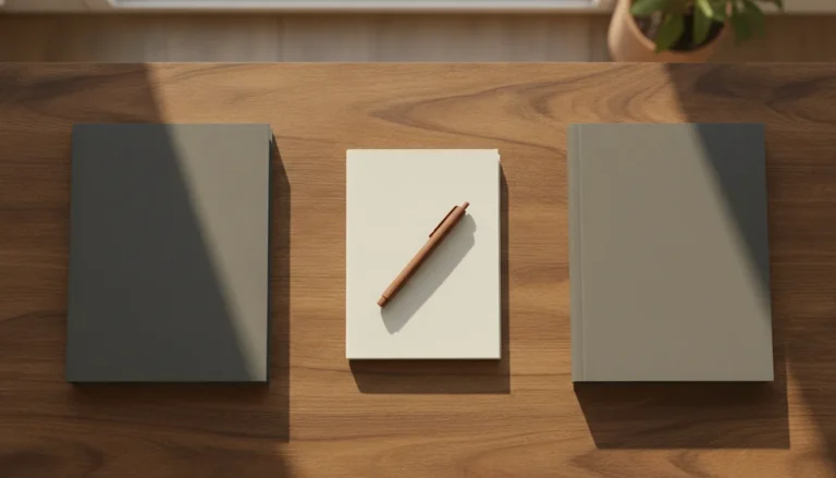 Two closed folders and a blank notebook on a desk, set apart to show temporary status and a later green card as separate questions