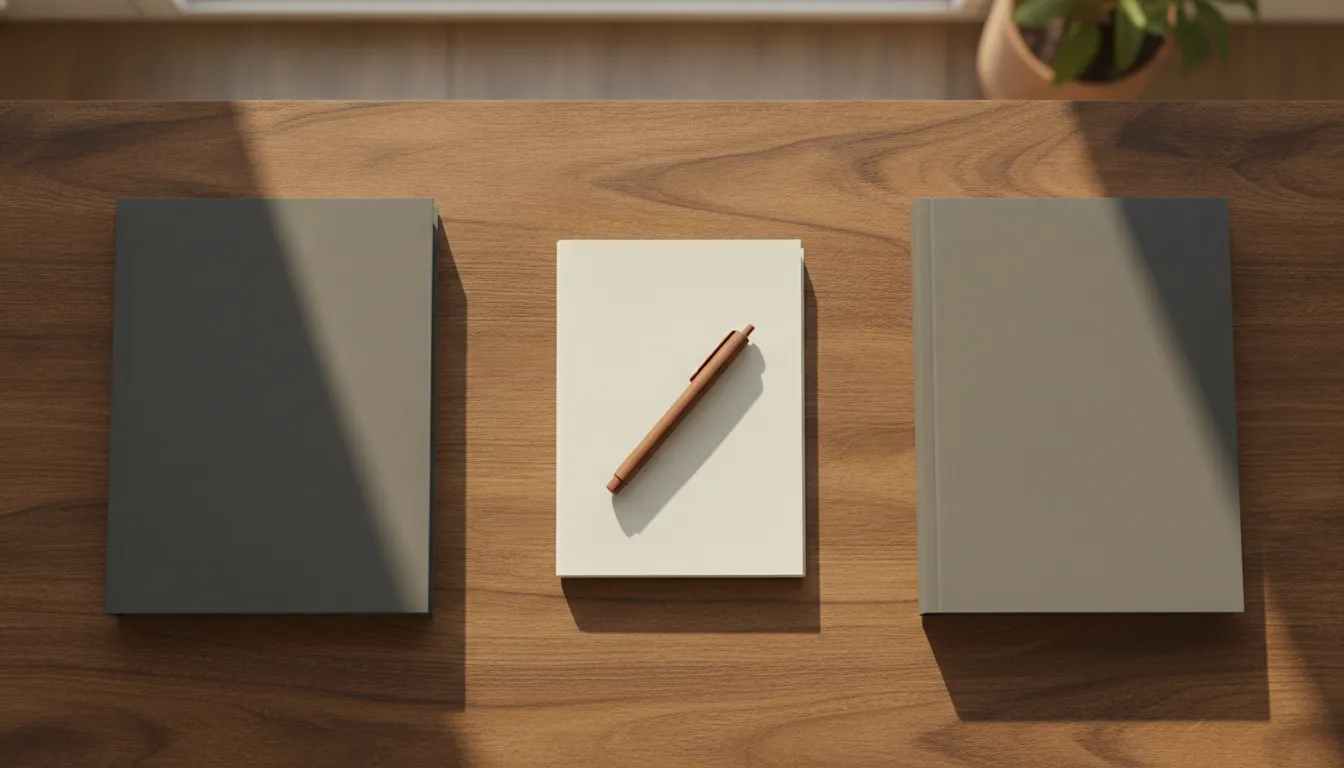 Two closed folders and a blank notebook on a desk, set apart to show temporary status and a later green card as separate questions