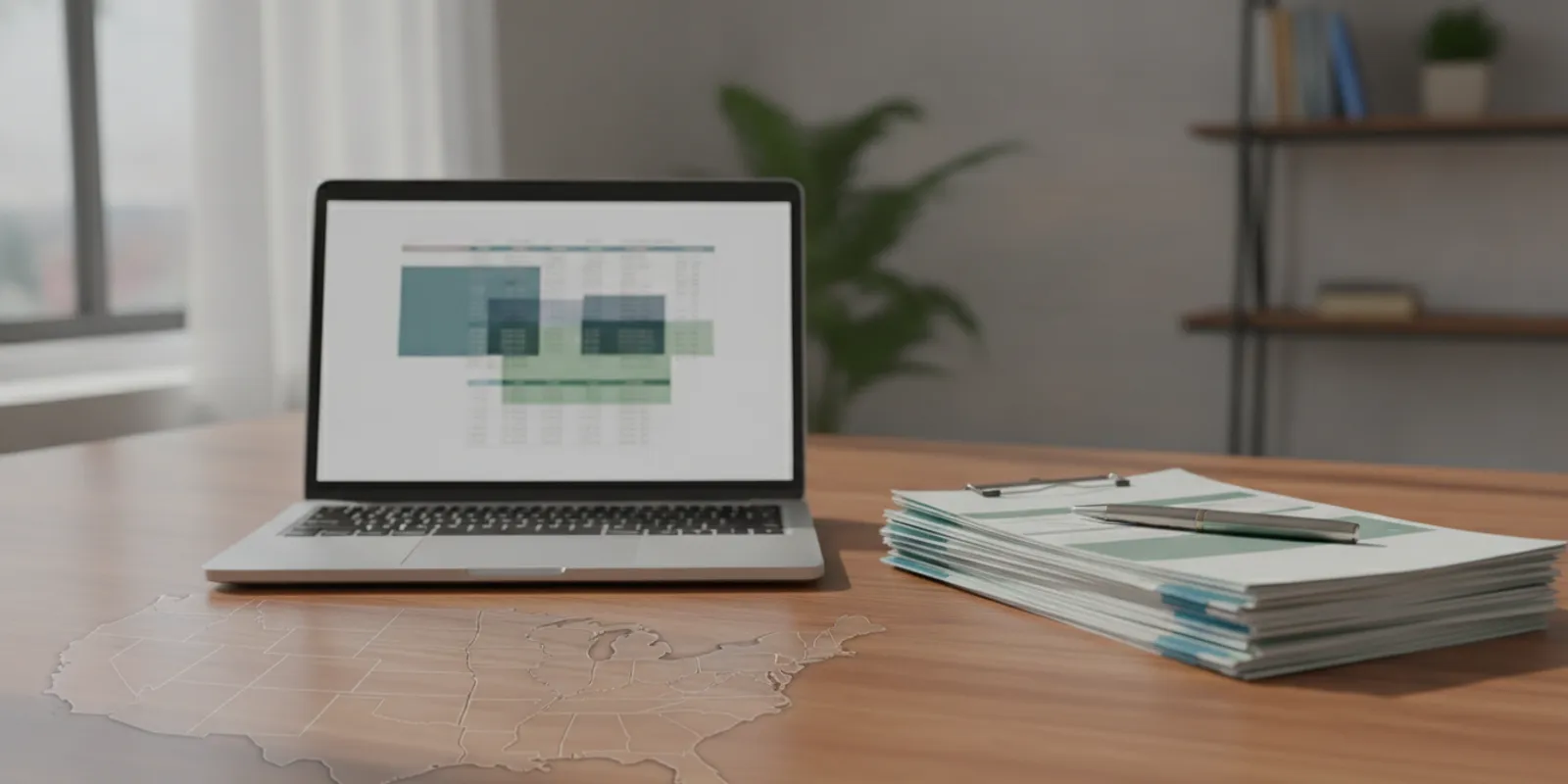 Business planning documents, a laptop, and a map of the United States arranged on a desk